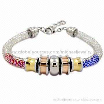 Mesh stainless steel bracelets with red/blue/white crystals inside, gold/IP rose gold plating